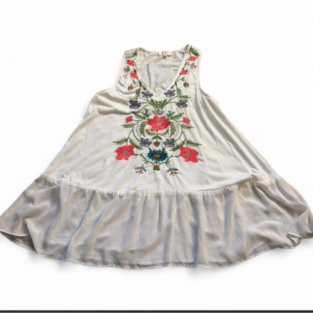 Umgee Cream Tank Dress with Multicolor Floral Embroidery